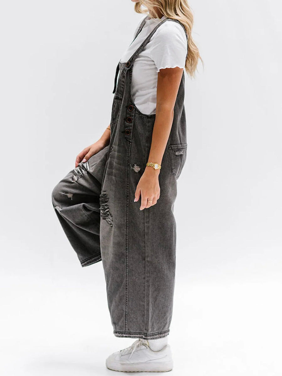 Loose Fit Distressed Denim Overalls™ — Effortless Comfort, Laid-Back Chic