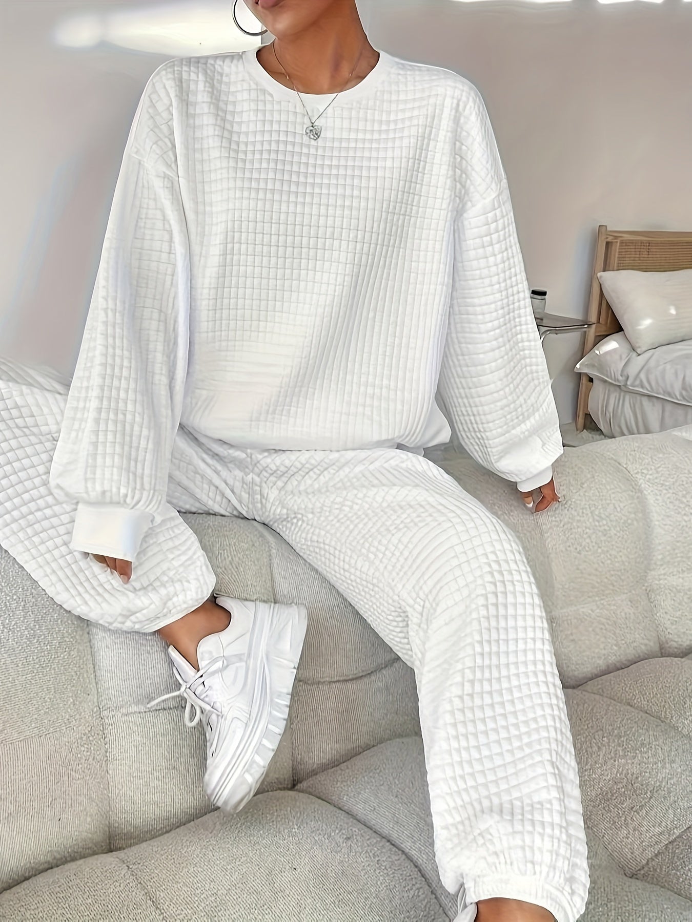 Women's Two-Piece Knit Loungewear Set | Solid Color | Oversized Crew-Neck Sweatshirt + Textured Knit Jogger Pants | Autumn Winter