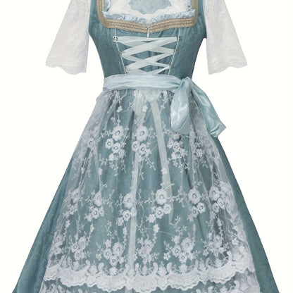 AquaVine Dirndl Dress – Vintage Floral Embroidered Knee-Length Dress for Oktoberfest