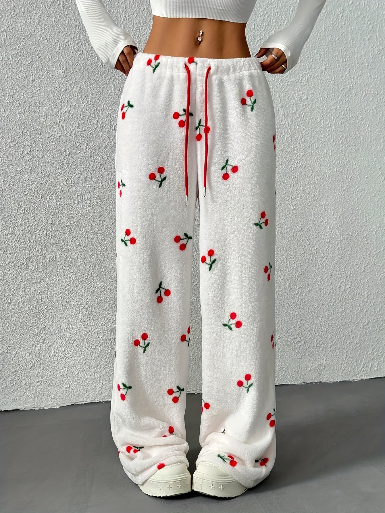 Women's Fleece-Lined Pajama Pants | Cherry Print | Adjustable Drawstring | Warm Flannel Lounge Wear for Fall Winter
