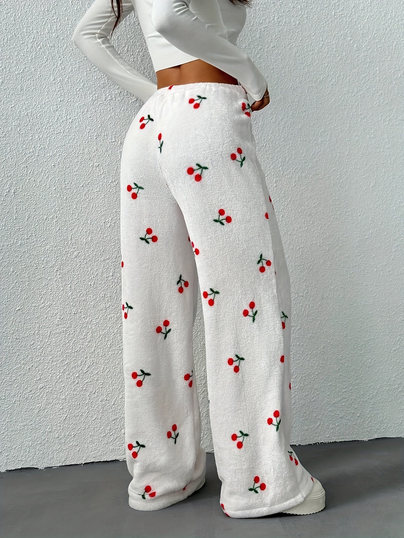 Women's Fleece-Lined Pajama Pants | Cherry Print | Adjustable Drawstring | Warm Flannel Lounge Wear for Fall Winter