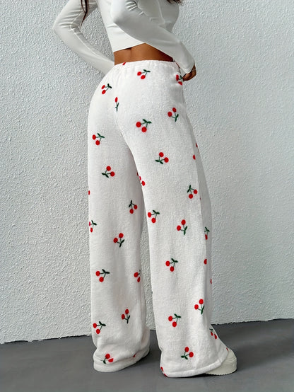 Women's Fleece-Lined Pajama Pants | Cherry Print | Adjustable Drawstring | Warm Flannel Lounge Wear for Fall Winter