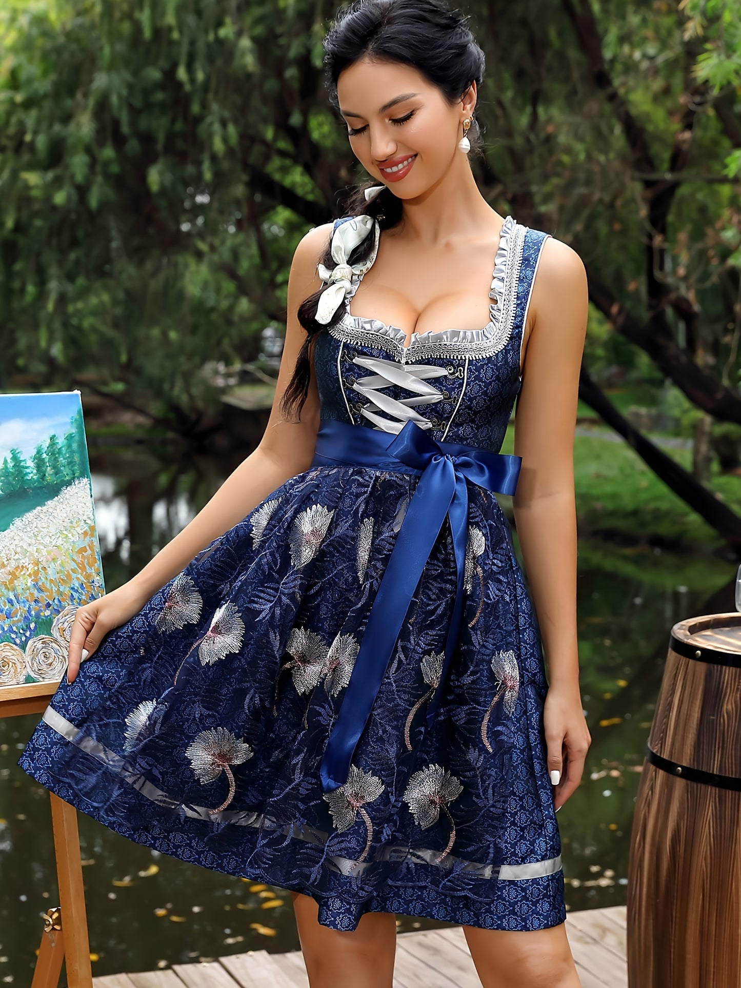 LuxeFete Dirndl Dress – Vintage-Inspired Skater Dress with Embroidered Overlay