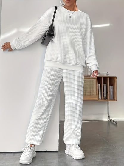 Women's Two-Piece Knit Loungewear Set | Solid Color | Oversized Crew-Neck Sweatshirt + Textured Knit Jogger Pants | Autumn Winter