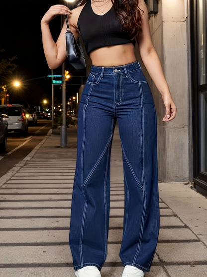 High-Waisted Flared Jeans – Medium Wash Denim with Leg-Lengthening Stitching