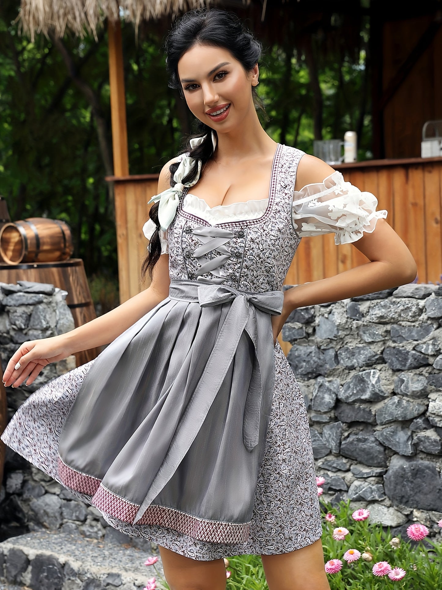 LoraLuxe Dress – Elegant Floral Embroidered Cotton Dress with Satin Ribbon Bodice