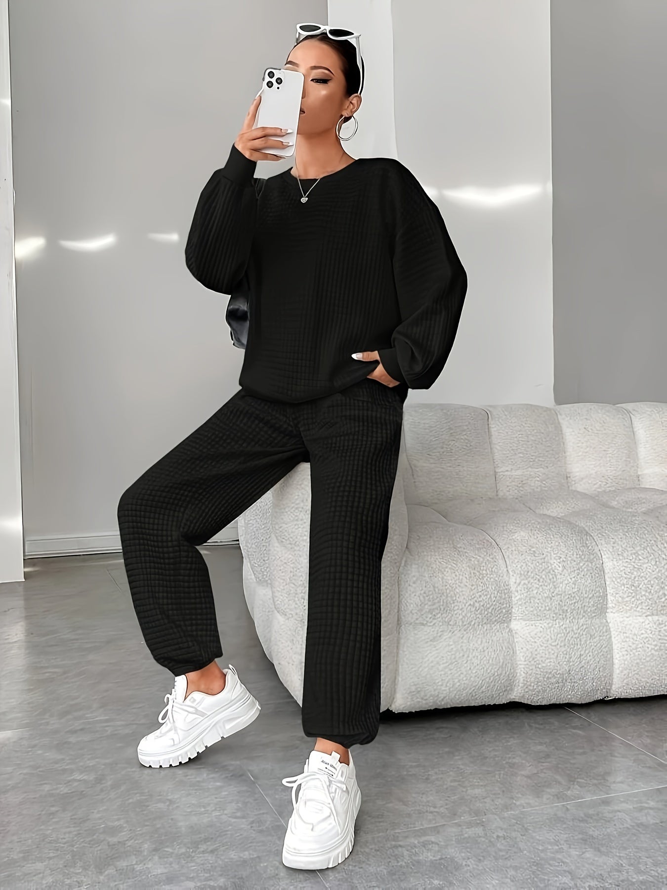 Women's Two-Piece Knit Loungewear Set | Solid Color | Oversized Crew-Neck Sweatshirt + Textured Knit Jogger Pants | Autumn Winter