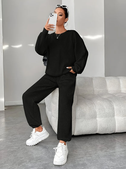 Women's Two-Piece Knit Loungewear Set | Solid Color | Oversized Crew-Neck Sweatshirt + Textured Knit Jogger Pants | Autumn Winter