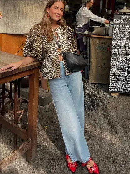 Leopard Bow Puff Sleeve Top™ — Feminine Flair Meets Effortless Charm