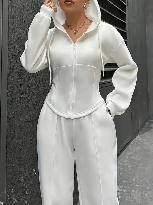 Women's Casual Hooded Zip-Up Sweatshirt & Jogger Pants Set | Long Sleeve | Solid White | Comfortable Fit