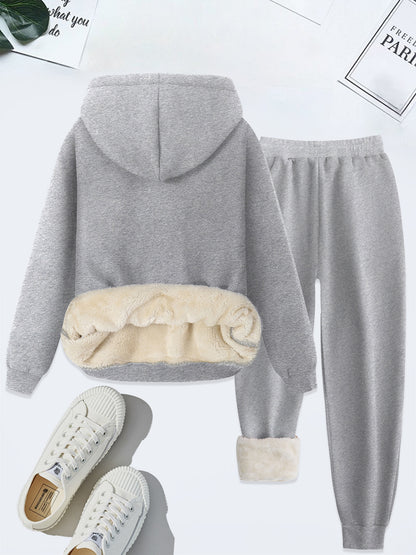 Women's Plush Fleece Hoodie and Jogger Set | Hooded | Knit Polyester | Autumn Winter Warm Loungewear