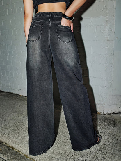 GlitzStride High-Waisted Wide-Leg Rhinestone Jeans – Sparkling Charcoal Denim