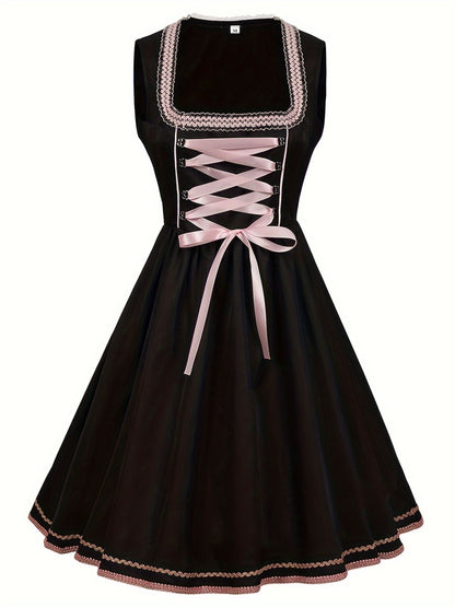 RosetteCharm Dirndl – Elegant Black Floral Embroidered Dress with Satin Sash
