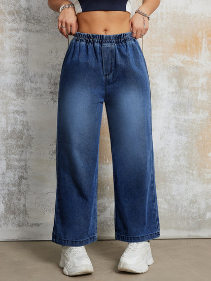 FlexDenim – Relaxed Wide-Leg Blue Denim Pants with Elastic High-Rise Waistband