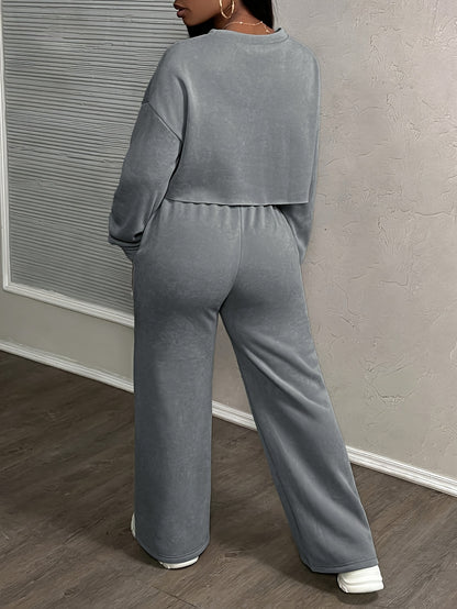 Damensweatshirt und Hosen mit weitem Bein im Lounge-Set | Übergroßes, kurz geschnittenes Oberteil | Kordelzugbund | Vordertaschen | 100 % Polyester | Herbst Winter