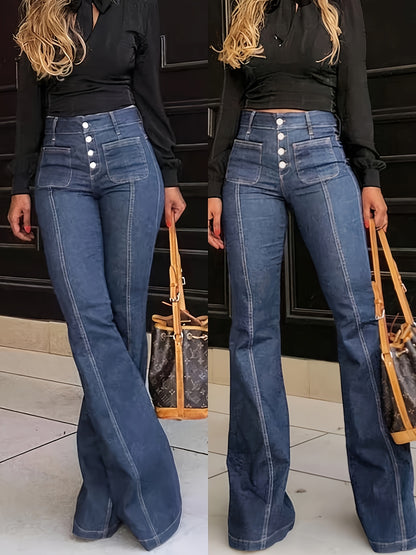 Retro High-Rise Wide-Leg Jeans – Figure-Flattering Vintage Denim with Button Details