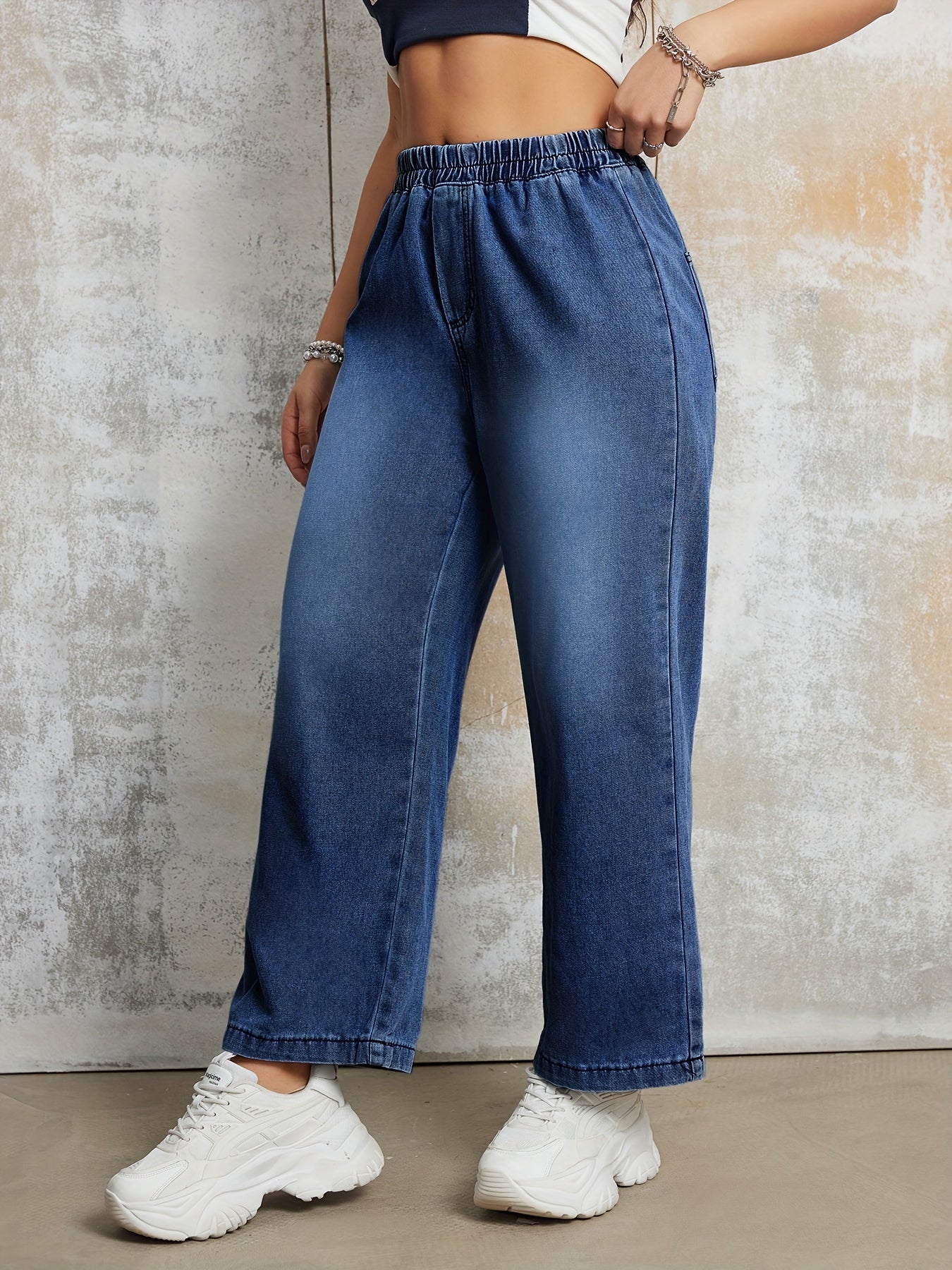 FlexDenim – Relaxed Wide-Leg Blue Denim Pants with Elastic High-Rise Waistband