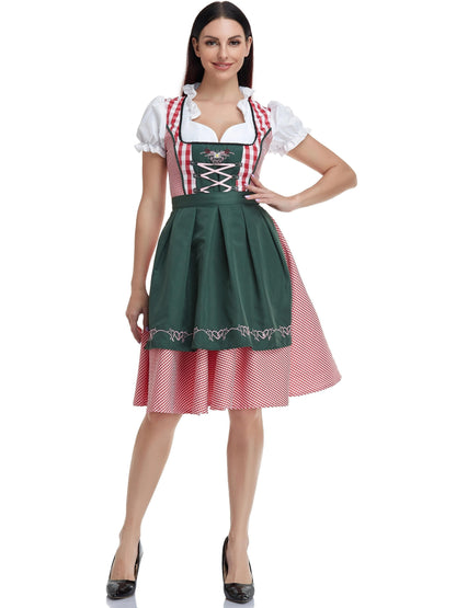 Women'S Plaid Checkered Dress with Lace-Up Back - Traditional Bavarian Costume for Oktoberfest, Festive Halloween Dress, Deep V-Neck, Umbrella Skirt, Perfect for Cosplay and Party Wear, Halloween Dress | Checkered Pattern | Laceup Detail, Halloween Costum