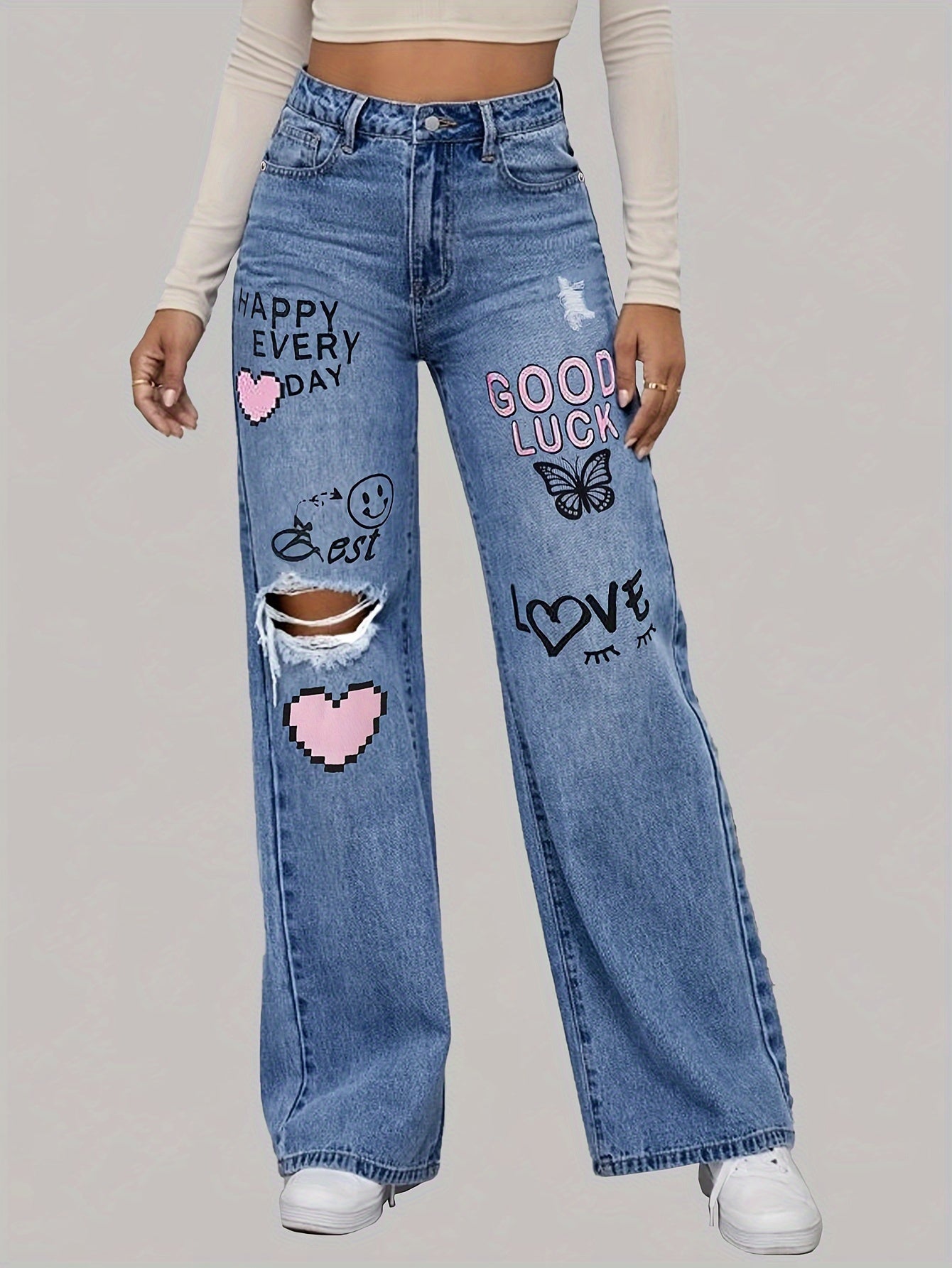 TrendFlex Jeans – High-Waist Wide-Leg Denim with Bold Graphic Prints