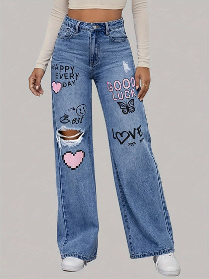 TrendFlex Jeans – High-Waist Wide-Leg Denim with Bold Graphic Prints