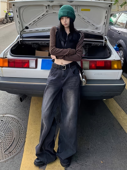 RetroLoom Vintage Denim Pants – Distressed Wide-Leg High-Waisted Jeans with Soft Comfort