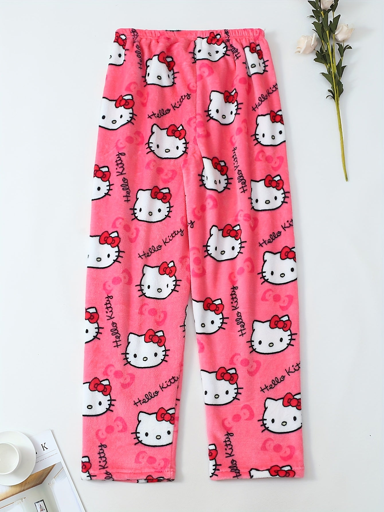 Damen Flanell Schlafhose | Warmes Polyester | Halloween Hello Kitty Druck | Gemütliche Lange Lounge-Pyjama-Hose