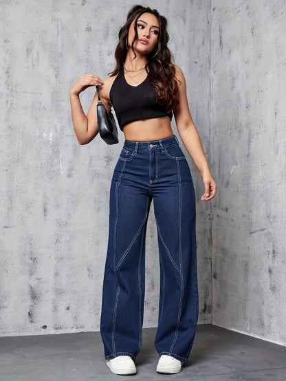 High-Waisted Flared Jeans – Medium Wash Denim with Leg-Lengthening Stitching