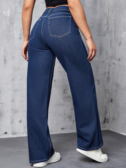 High-Waisted Flared Jeans – Medium Wash Denim with Leg-Lengthening Stitching
