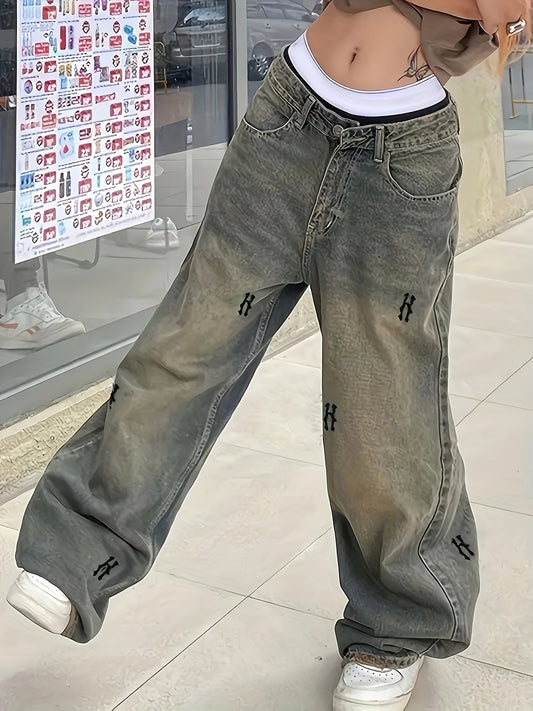 Baggy Gothic Embroidered Denim Pants – Loose-Fit Y2K Streetwear Style