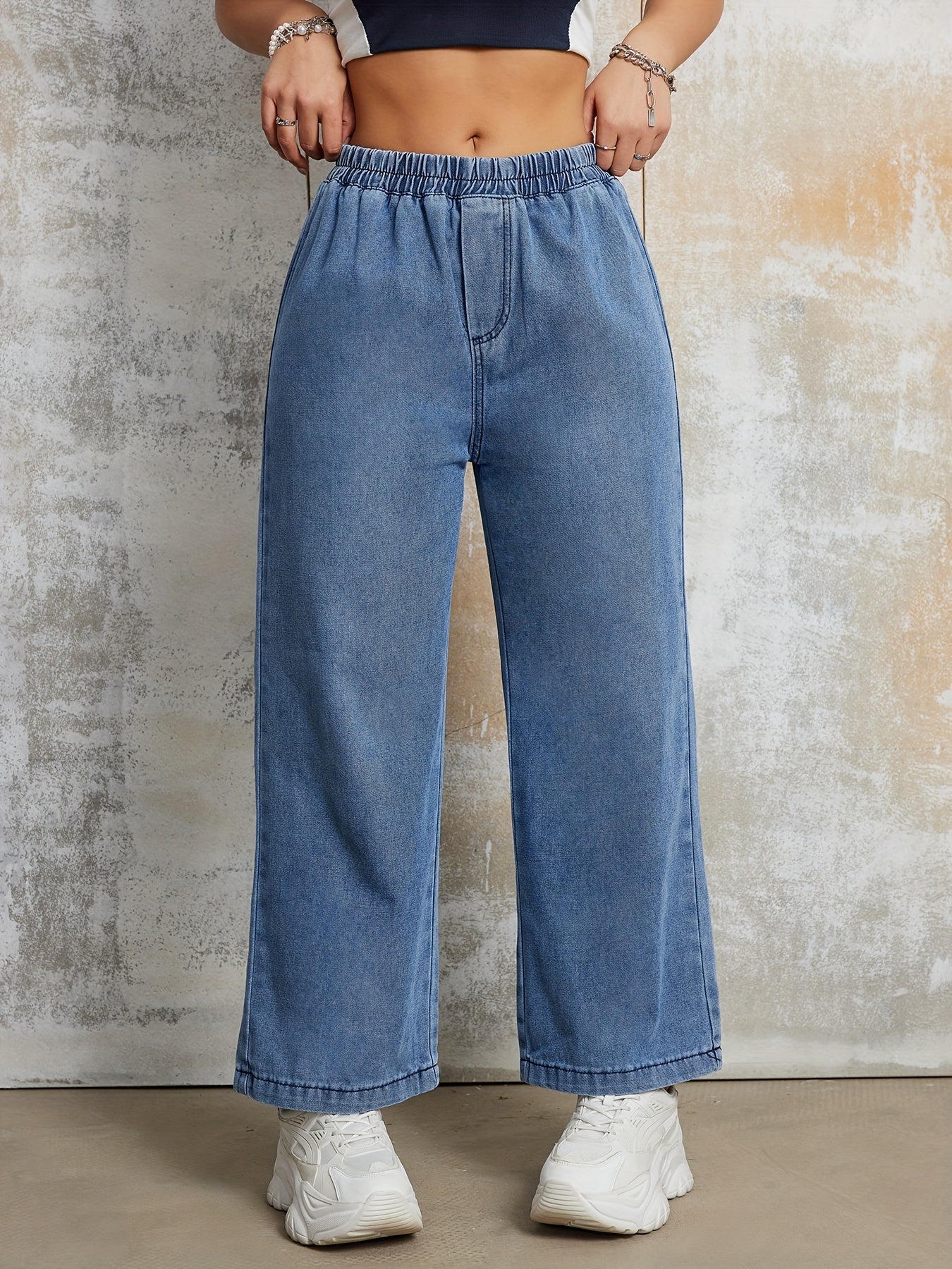 FlexDenim – Relaxed Wide-Leg Blue Denim Pants with Elastic High-Rise Waistband