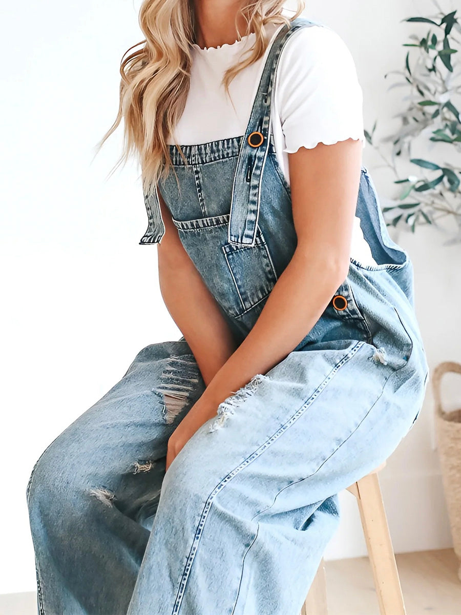 Loose Fit Distressed Denim Overalls™ — Effortless Comfort, Laid-Back Chic