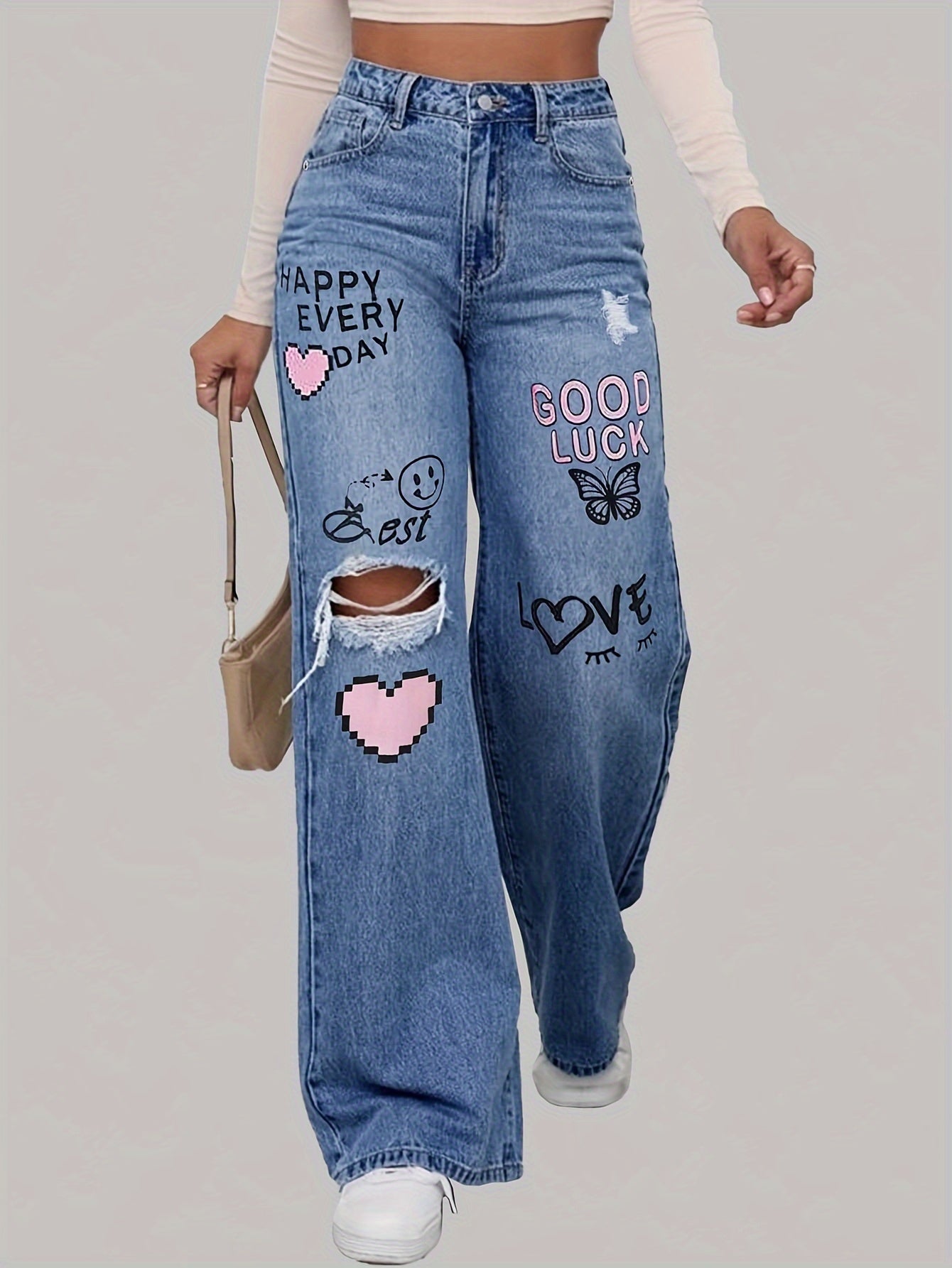 TrendFlex Jeans – High-Waist Wide-Leg Denim with Bold Graphic Prints