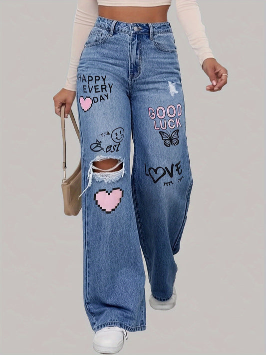 TrendFlex Jeans – High-Waist Wide-Leg Denim with Bold Graphic Prints