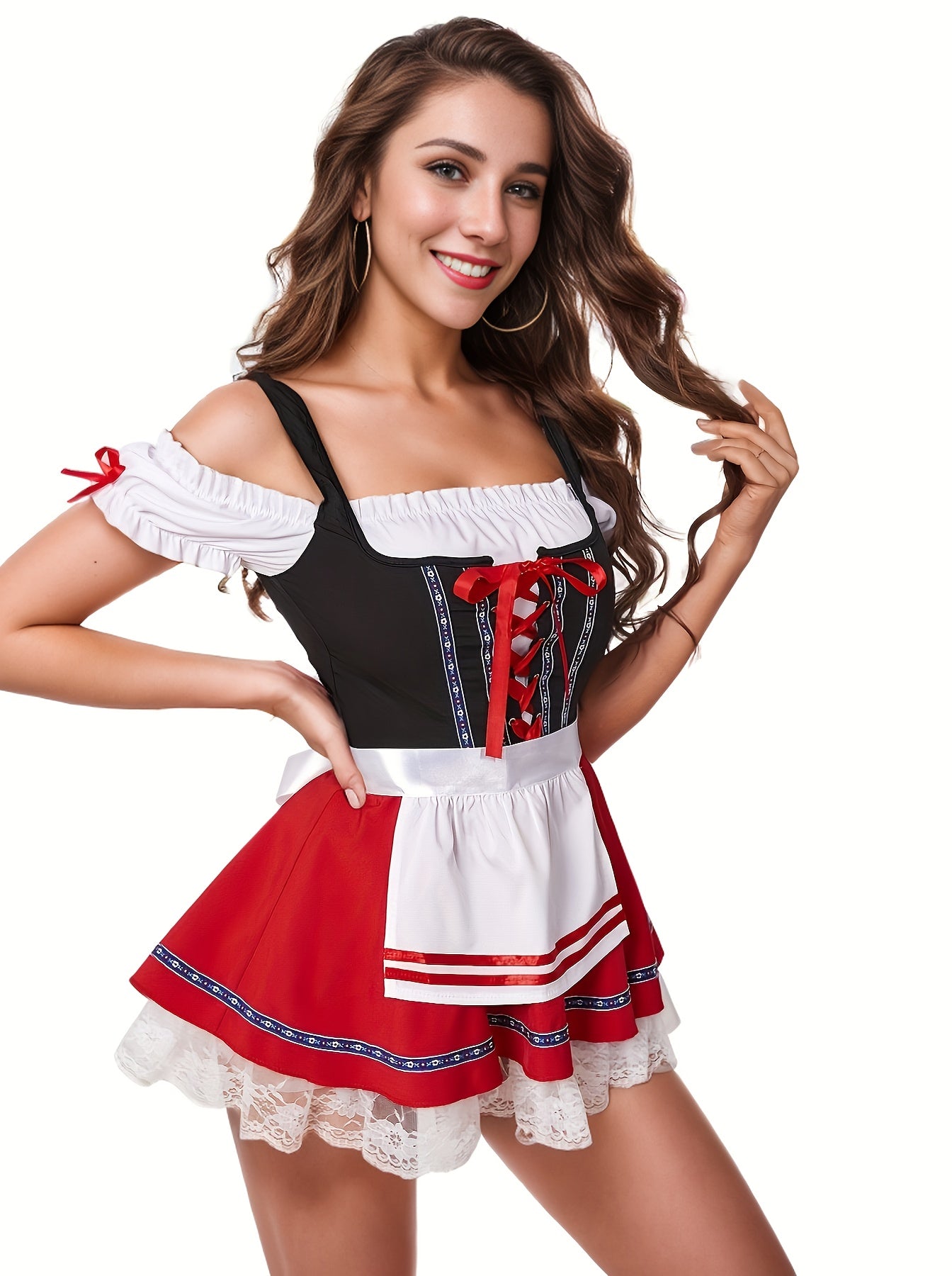 Red Oktoberfest Dirndl Dress – Fit & Flare Off-Shoulder Traditional Costume