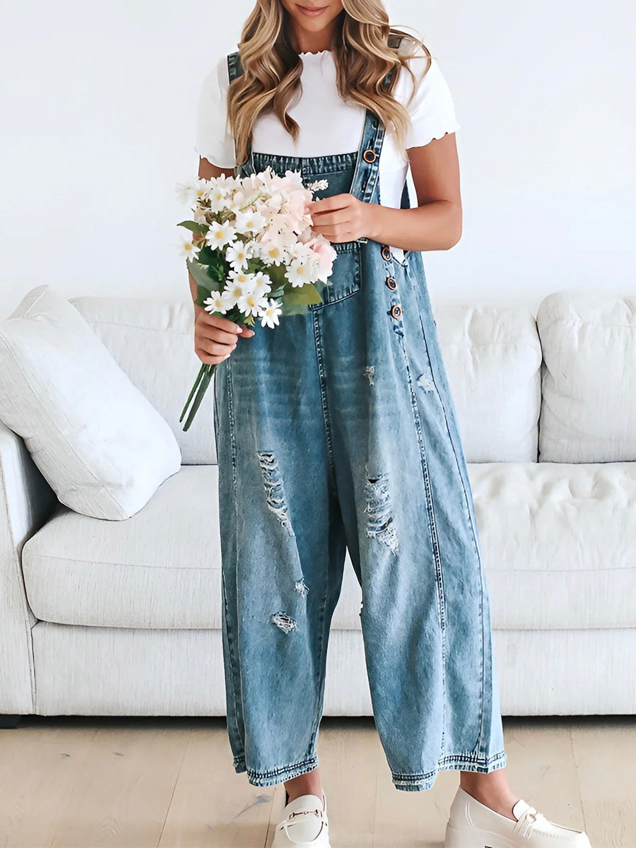 Loose Fit Distressed Denim Overalls™ — Effortless Comfort, Laid-Back Chic