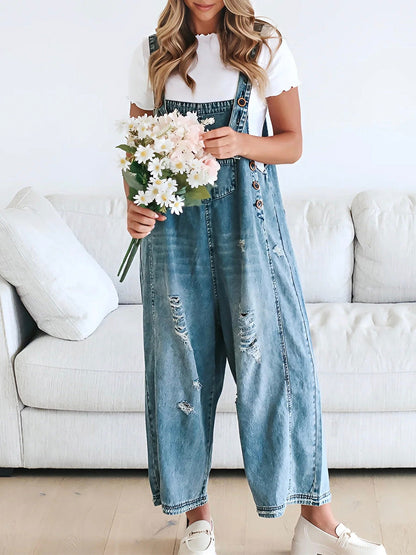 Loose Fit Distressed Denim Overalls™ — Effortless Comfort, Laid-Back Chic