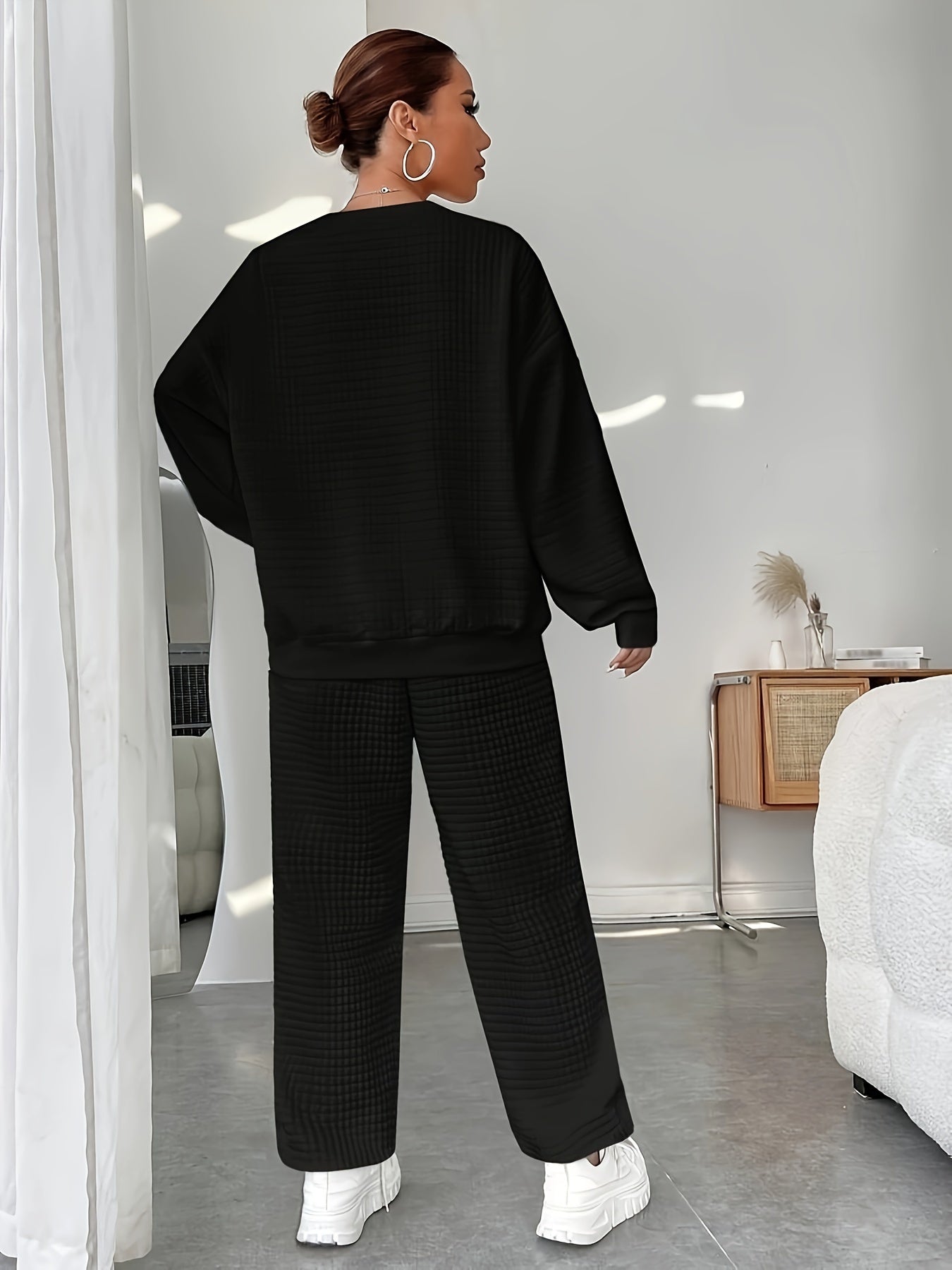 Women's Two-Piece Knit Loungewear Set | Solid Color | Oversized Crew-Neck Sweatshirt + Textured Knit Jogger Pants | Autumn Winter