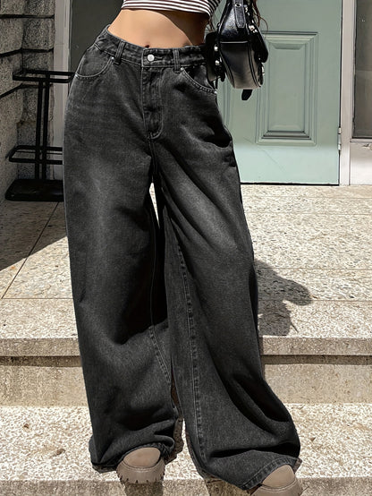 Chic High-Waisted Wide-Leg Black Denim – Relaxed Fit Casual Jeans