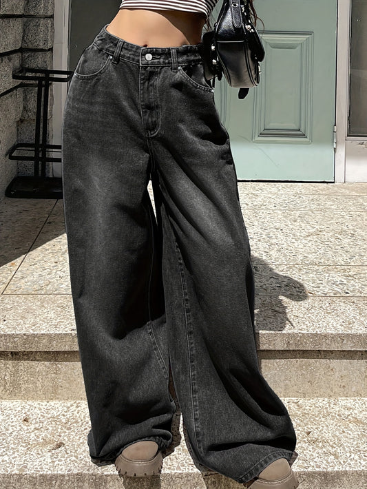 Chic High-Waisted Wide-Leg Black Denim – Relaxed Fit Casual Jeans