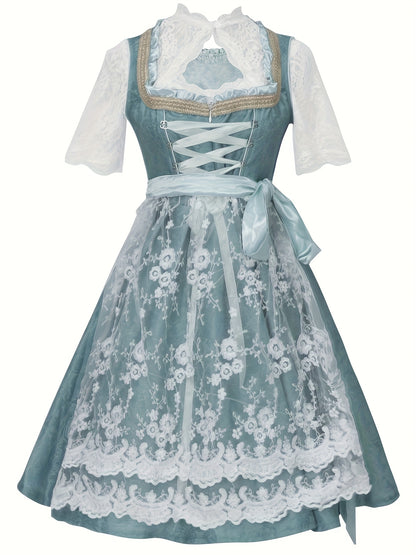 AquaVine Dirndl Dress – Vintage Floral Embroidered Knee-Length Dress for Oktoberfest
