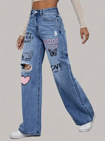 TrendFlex Jeans – High-Waist Wide-Leg Denim with Bold Graphic Prints