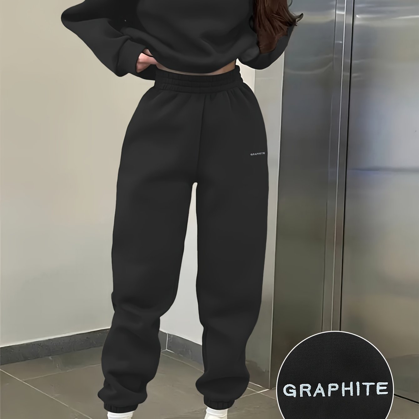 Damen-Sportset für Frühling/Herbst, 100% Polyester Langarm-Pullover mit besticktem Alphabet-Design, Rundhals-Absatzschulter Strickstoff, mittlere Dehnung, locker sitzendes Sweatshirt und Hose Set