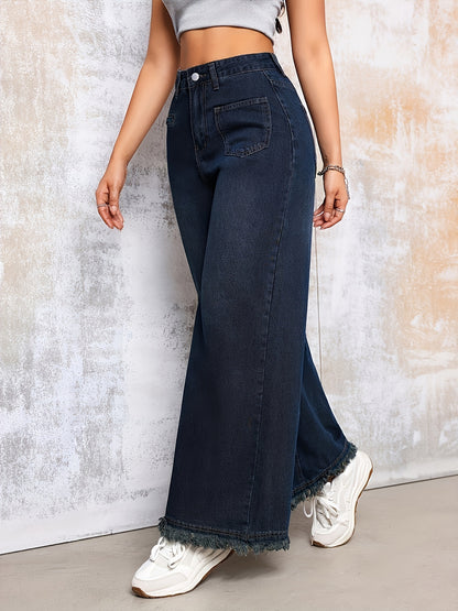 Solid Color Wide Leg Jeans – High-Rise Indigo Denim with Stretch Comfort