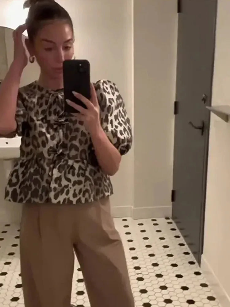 Leopard Bow Puff Sleeve Top™ — Feminine Flair Meets Effortless Charm