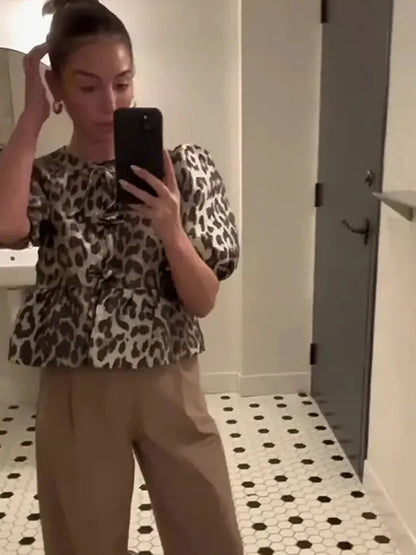 Leopard Bow Puff Sleeve Top™ — Feminine Flair Meets Effortless Charm
