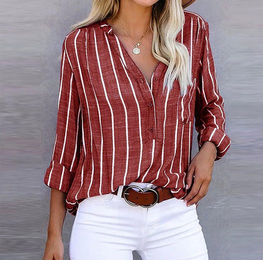 Strida™ Striped Casual Blouse — Relaxed Fit, Timeless Style