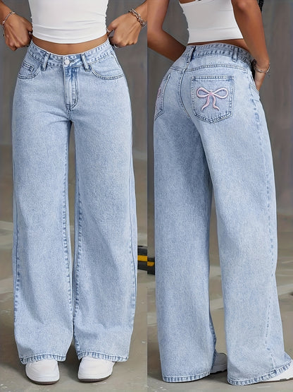 Butterfly Embroidered Denim Flares – High-Rise Wide-Leg Jeans with Y2K Style