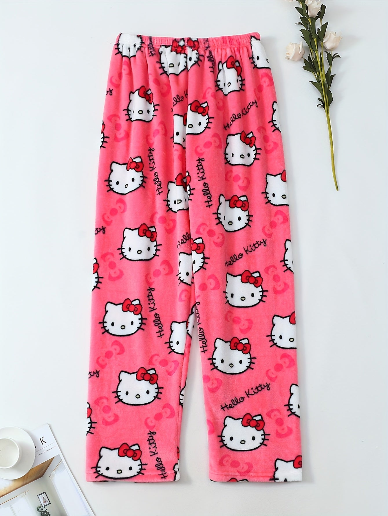 Damen Flanell Schlafhose | Warmes Polyester | Halloween Hello Kitty Druck | Gemütliche Lange Lounge-Pyjama-Hose