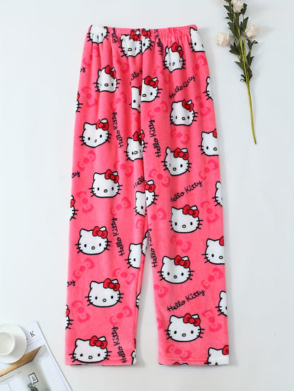 Damen Flanell Schlafhose | Warmes Polyester | Halloween Hello Kitty Druck | Gemütliche Lange Lounge-Pyjama-Hose
