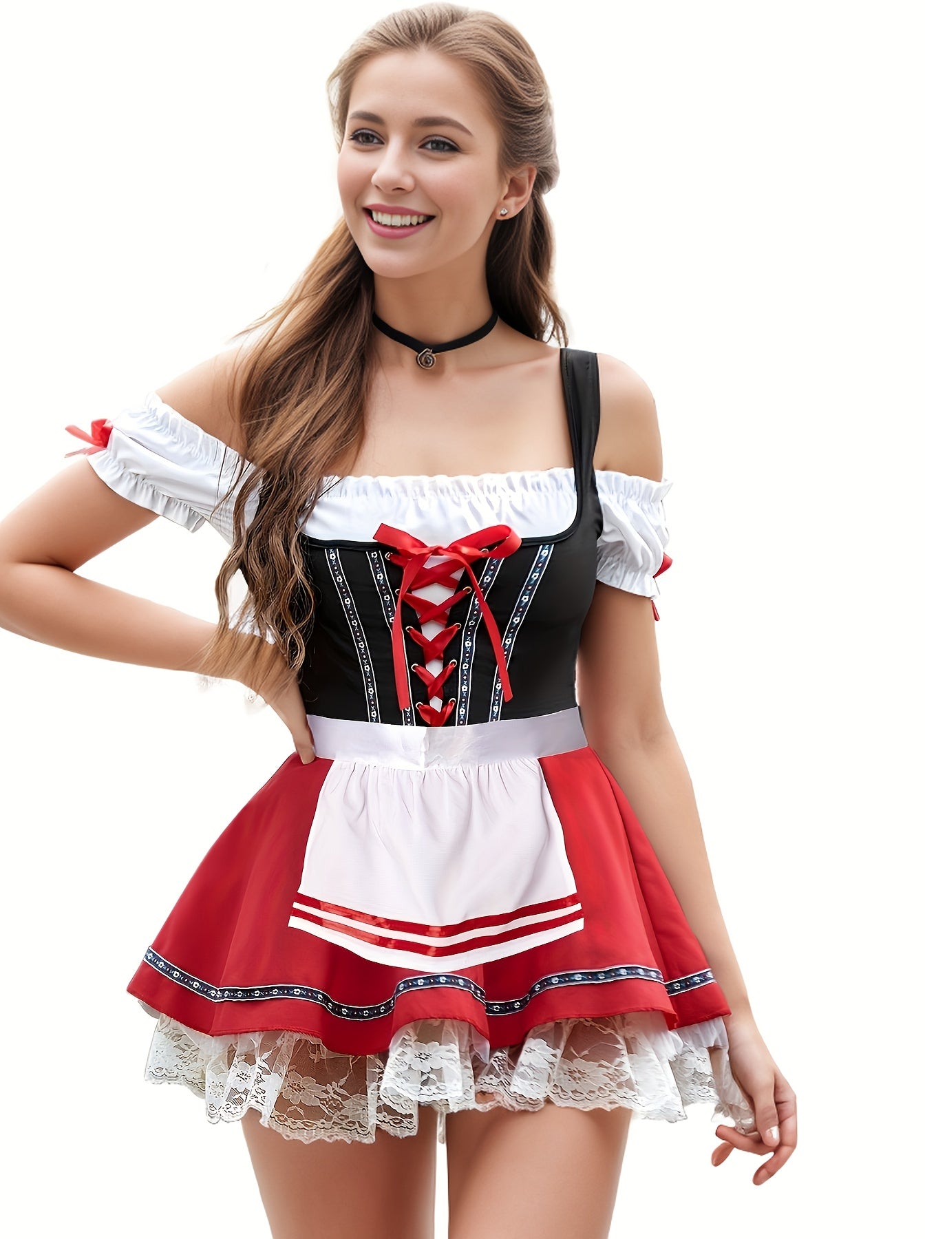 Red Oktoberfest Dirndl Dress – Fit & Flare Off-Shoulder Traditional Costume